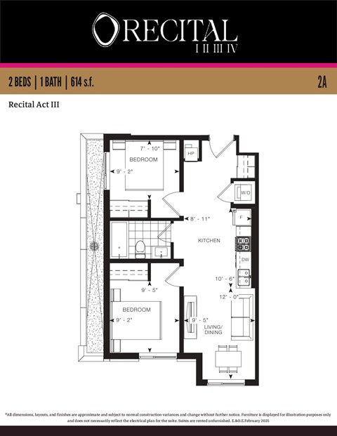 Floor plan for 2 beds, 1 bath, 614 sqft